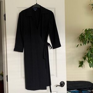 Ann Taylor Charcoal Pinstripe dress, 3/4 length sleeve with button detail.